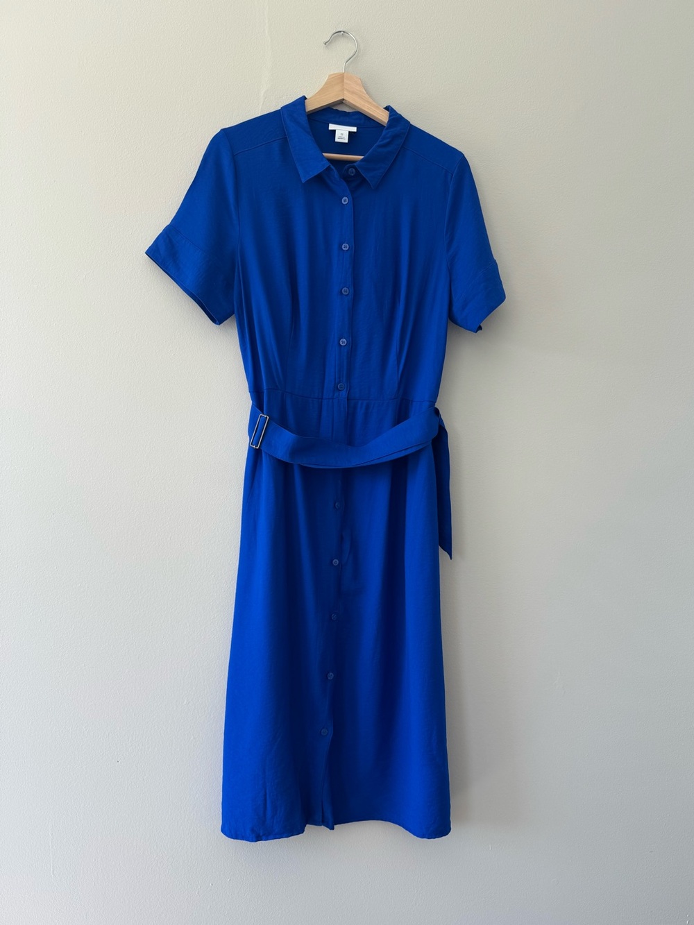 Cobalt Blue Button Collar Belted Midi Dress A Line Size 12 Vacation ResortWear